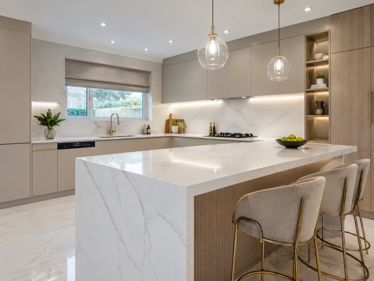 Marble countertops in Ohio with luxury white veining and a modern kitchen island
